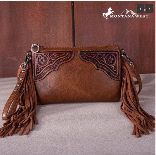 MW1262-181 BR Montana West Floral Tooled Fringe Wristlet Clutch/Crossbody Bag