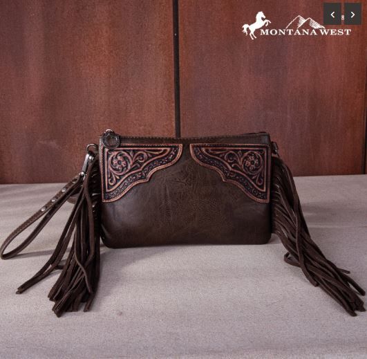 MW1262-181 CF Montana West Floral Tooled Fringe Wristlet Clutch/Crossbody Bag