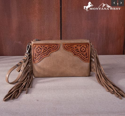 MW1262-181 KH Montana West Floral Tooled Fringe Wristlet Clutch/Crossbody Bag