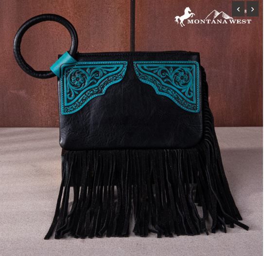 MW1262-A181 BK  Montana West Floral Tooled Fringe Ring Handle Wristlet Clutch Bag