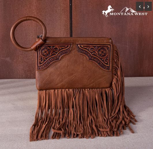 MW1262-A181 BR Montana West Floral Tooled Fringe Ring Handle Wristlet Clutch Bag