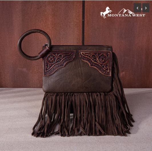 MW1262-A181 CF  Montana West Floral Tooled Fringe Ring Handle Wristlet Clutch Bag