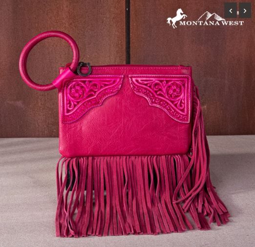 MW1262-A181 HPK  Montana West Floral Tooled Fringe Ring Handle Wristlet Clutch Bag