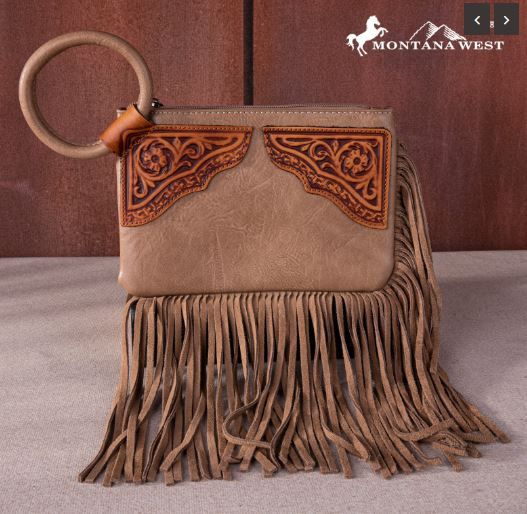 MW1262-A181 KH  Montana West Floral Tooled Fringe Ring Handle Wristlet Clutch Bag