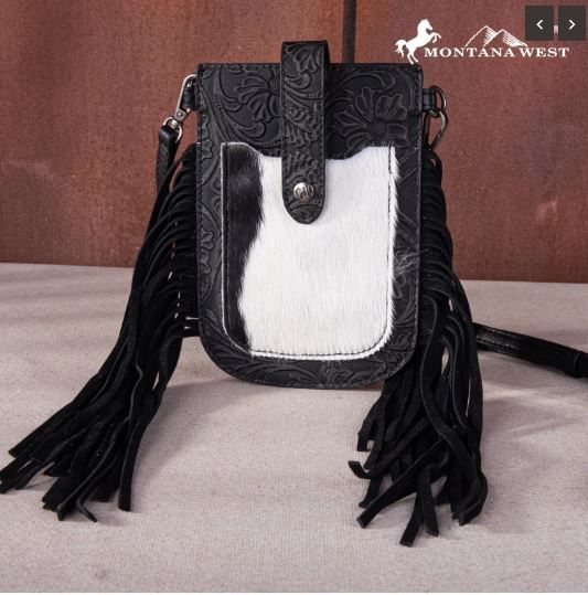 MW1263-200 BK Montana West Hair-On Cowhide Fringe Phone Wallet Crossbody