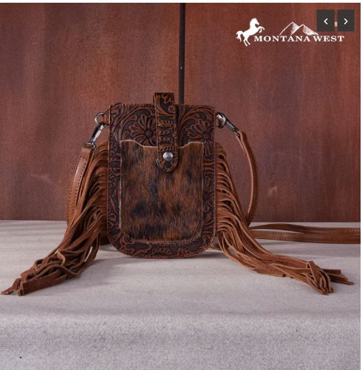 MW1263-200 BR Montana West Hair-On Cowhide Fringe Phone Wallet Crossbody