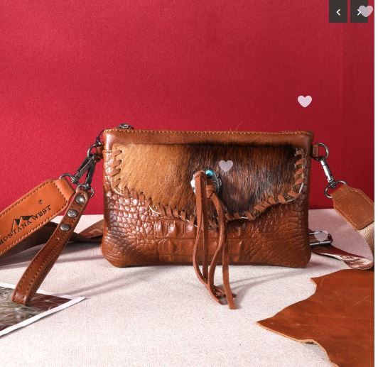 MW1268-181 BR Montana West Hair-On Cowhide Croc Embossed Clutch/Crossbody