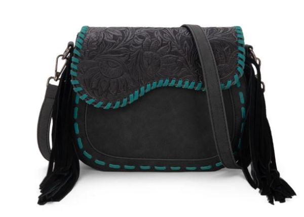 MW1274-8360 BK Montana West Tooled Saddle Fringe Crossbody