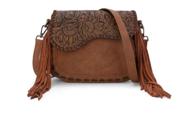 MW1274-8360 BR Montana West Tooled Saddle Fringe Crossbody