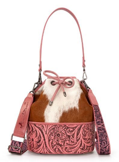 MW1275-8360 PK Montana West Cowhide Tooled Bucket Shoulder/Crossbody Bag