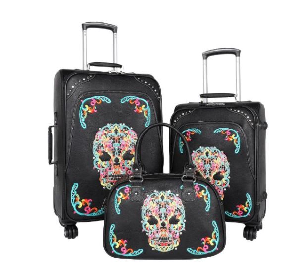 MW494-L1-2-3 BK/MT Montana West Sugar Skull Collection 3 PC Luggage Set 