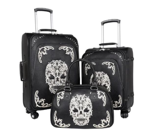 MW494-L1-2-3 BK/WT Montana West Sugar Skull Collection 3 PC Luggage Set 