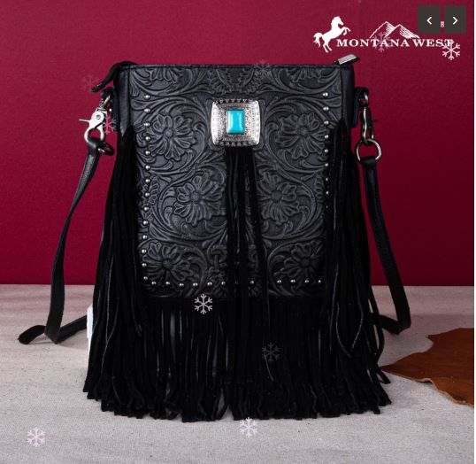 MWR-062 BK Montana West Genuine Leather Tooled Silver Turquoise Concho Fringe Crossbody 