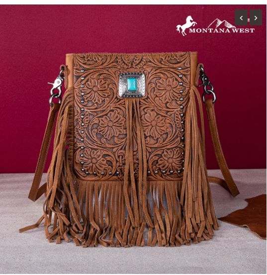 MWR-062 BR Montana West Genuine Leather Tooled Silver Turquoise Concho Fringe Crossbody 