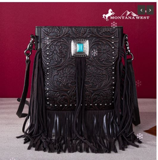 MWR-062 CF Montana West Genuine Leather Tooled Silver Turquoise Concho Fringe Crossbody 