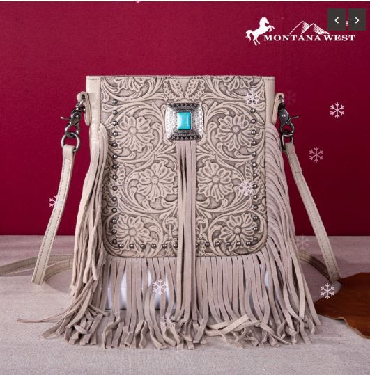 MWR-062 TN Montana West Genuine Leather Tooled Silver Turquoise Concho Fringe Crossbody 