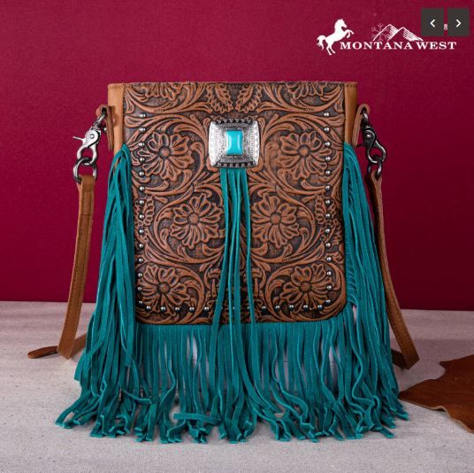 MWR-062 TQ Montana West Genuine Leather Tooled Silver Turquoise Concho Fringe Crossbody 