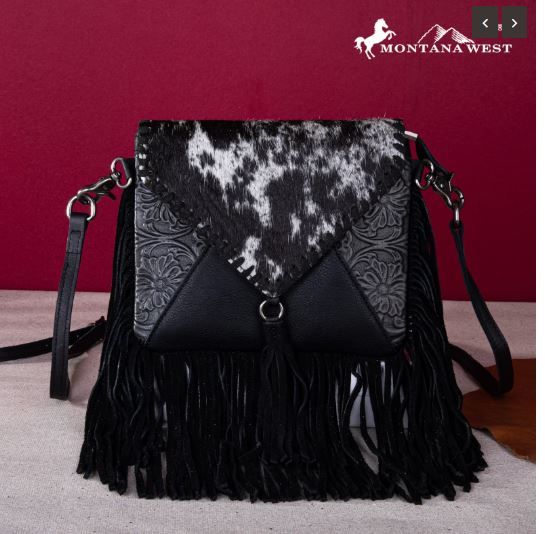 MWR-064 BK Genuine Leather Hair-On Cowhide Fringe Bohemian Crossbody