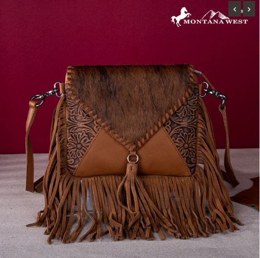 MWR-064 BR Genuine Leather Hair-On Cowhide Fringe Bohemian Crossbody