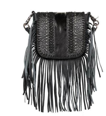 RLC-L168 BK Montana West Genuine Leather Tooled Collection Fringe Crossbody