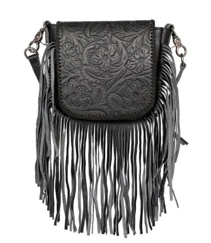 RLC-L159 BK  Montana West Genuine Leather Tooled Collection Fringe Crossbody