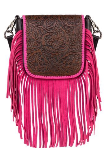 RLC-L159 CF/PK  Montana West Genuine Leather Tooled Collection Fringe Crossbody