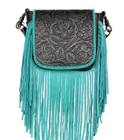 RLC-L159 BK/TQ  Montana West Genuine Leather Tooled Collection Fringe Crossbody