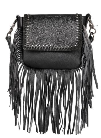 RLC-L164 BK Montana West Genuine Leather Tooled Collection Fringe Crossbody