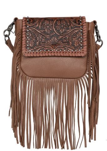 RLC-L164 BR Montana West Genuine Leather Tooled Collection Fringe Crossbody