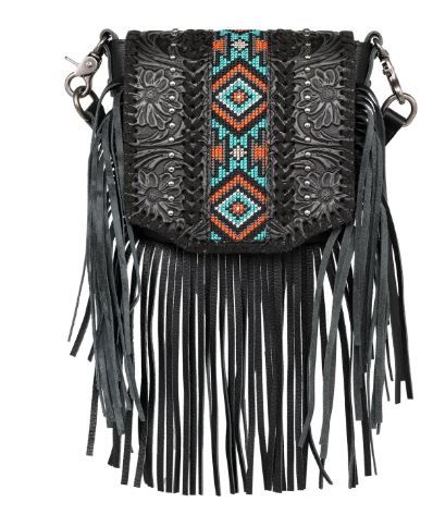 RLC-L166 BK Montana West Genuine Leather Tooled Collection Fringe Crossbody