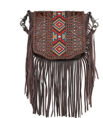 RLC-L166 CF Montana West Genuine Leather Tooled Collection Fringe Crossbody