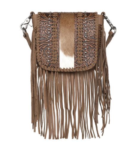 RLC-L168 BR Montana West Genuine Leather Tooled Collection Fringe Crossbody