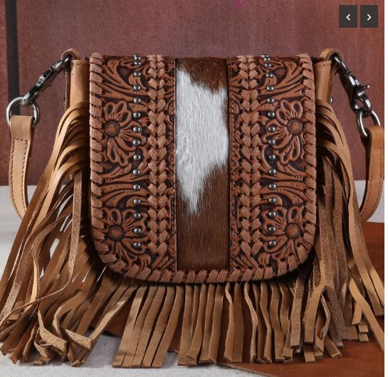 RLC-L168 OAK Montana West Genuine Leather Tooled Collection Fringe Crossbody