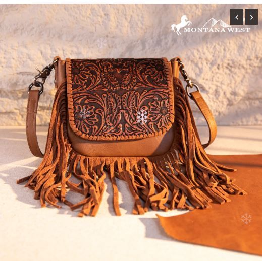 RLC-L187  BR Montana West Genuine Leather Tooled Fringe Crossbody 