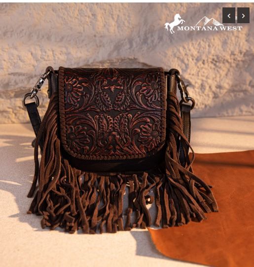 RLC-L187  CF Montana West Genuine Leather Tooled Fringe Crossbody 