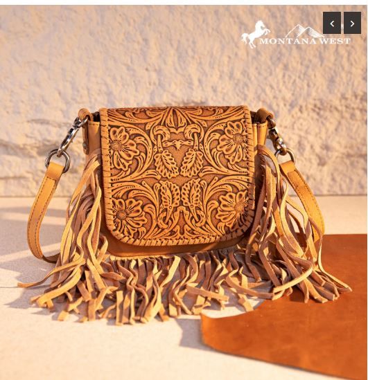 RLC-L187  LBR Montana West Genuine Leather Tooled Fringe Crossbody 