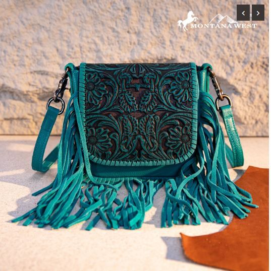 RLC-L187  TQ Montana West Genuine Leather Tooled Fringe Crossbody 