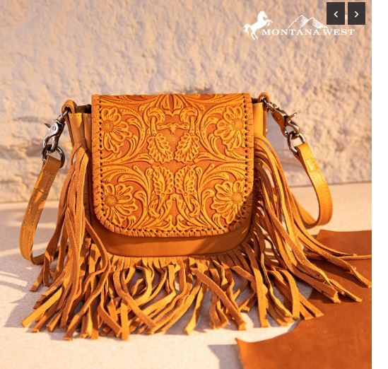 RLC-L187  YL Montana West Genuine Leather Tooled Fringe Crossbody 