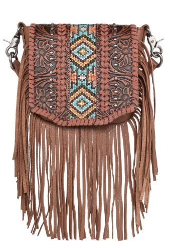 RLC-L166 BR Montana West Genuine Leather Tooled Collection Fringe Crossbody