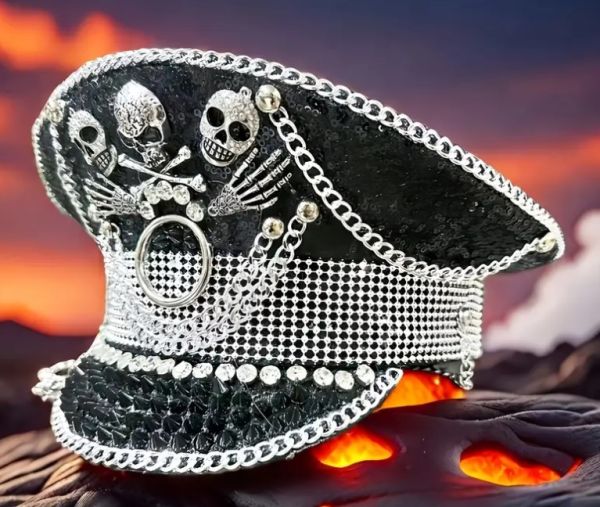 Skull Badge Embellished Captain Hat with Silvertone Studs and Chain Accents, 