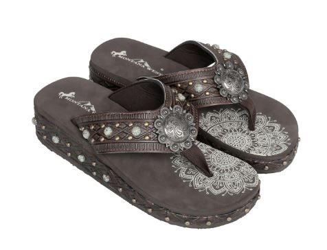 SEF11-S066 CF Mandala Aztec Tooled Wedge with Crosses Flip Flops By Case