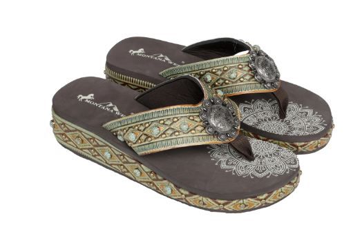 SEF11-S066 GN Mandala Aztec Tooled Wedge with Crosses Flip Flops By Case