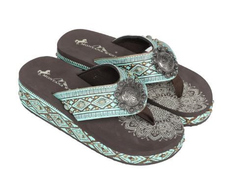 SEF11-S066 TQ Mandala Aztec Tooled Wedge with Crosses Flip Flops By Case