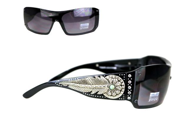 SGS-4105 BK Montana West Daisy Concho Turquoise Stone Silver Feather Sunglasses