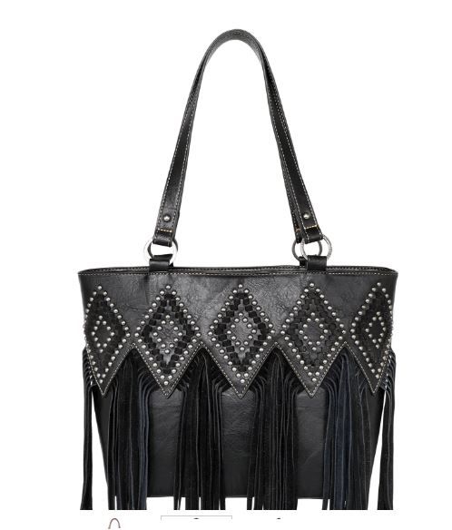 TR143G-8317 BK  Trinity Ranch Leather Fringe Collection Concealed Carry Tote