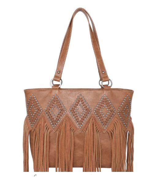 TR143G-8317 BR  Trinity Ranch Leather Fringe Collection Concealed Carry Tote