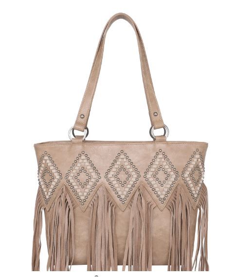 TR143G-8317 KH  Trinity Ranch Leather Fringe Collection Concealed Carry Tote