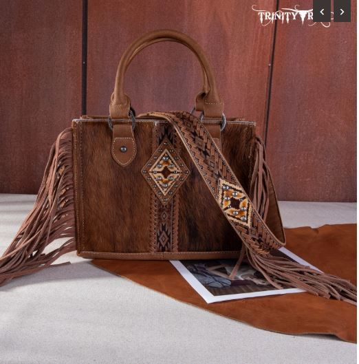 TR146-8120 BR Trinity Ranch Hair On Cowhide Concealed Carry Tote