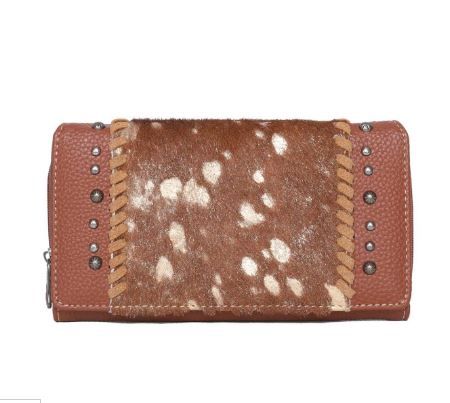 TR153-W010 BR Trinity Ranch Hair-On Studded Collection Secretary Style Wallet