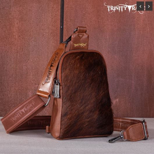 TR159-210 BR Trinity Ranch Genuine Hair-On Cowhide Collection Sling Bag